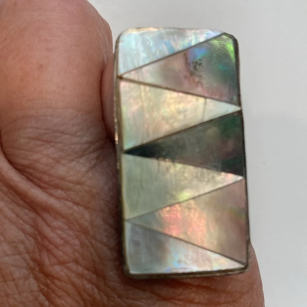 Sterling Backgammon Ring  2” Long Abalone and Sterling Ring